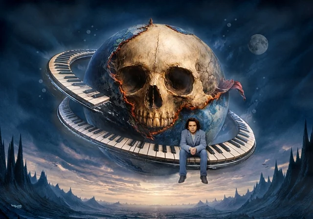 Surreale Hommage an Jean-Michel Jarre mit schwebendem Totenschädel-Planeten und einer spiralförmigen Klaviatur in einer fantastischen Landschaft.