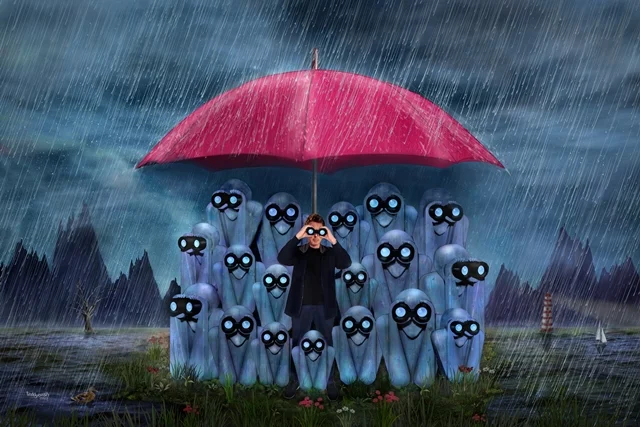 Jean-Michel Jarre und eine Gruppe surrealer Beobachter suchen unter einem roten Regenschirm nach dem Sonnenschein.