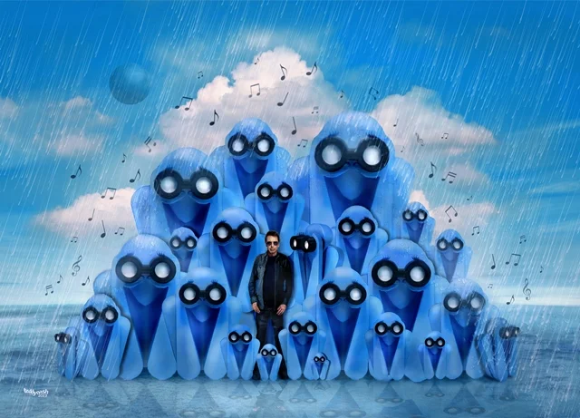 Jean-Michel Jarre zwischen blauen Équinoxe-Figuren in einer surrealen Regenszene mit schwebenden Musiknoten.