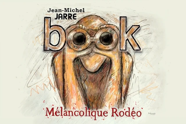 Humorvolles Fan-Art-Kunstwerk von teddynash zu „Mélancolique Rodéo“. Eine stilisierte Eule mit großen Augen bildet das Wort „book“, während der Titel des Albums und der Name Jean-Michel Jarre in die Zeichnung integriert sind. Die Darstellung verbindet Skizze, Karikatur und Buchcover-Design.