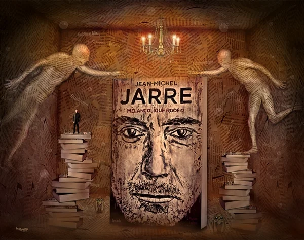Surreales Fan-Art-Kunstwerk von teddynash zu „Mélancolique Rodéo“. Ein großes Buch mit einem Porträt von Jean-Michel Jarre steht in einem fantasievollen Raum aus Büchern und Schriftfragmenten. Zwei schwebende Figuren greifen von gegenüberliegenden Seiten nach dem Buch, während warmes Licht eine geheimnisvolle Atmosphäre erzeugt.