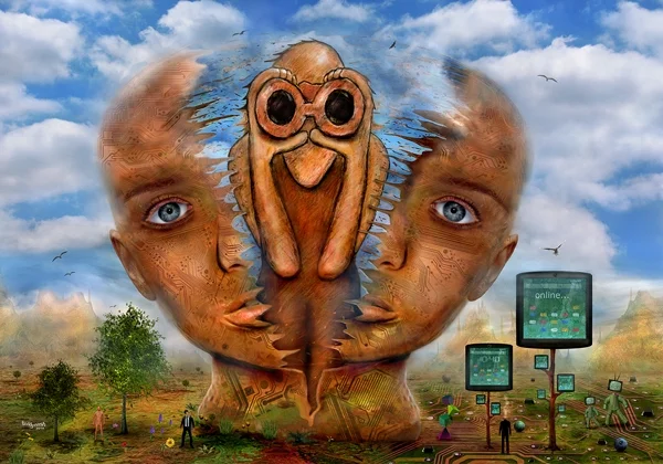 Fantasievolle Fan-Art-Komposition von teddynash. Zwei große Gesichter mit elektronischen Strukturen verschmelzen mit einem Equinoxe-Wächter in der Mitte. Digitale Bildschirme, kleine Figuren und eine futuristische Landschaft verbinden Natur und Technologie.