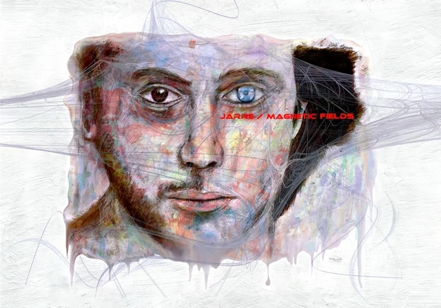 Ausdrucksstarkes Fan-Art-Porträt von Jean-Michel Jarre, inspiriert von „Magnetic Fields“. Das Gesicht des Musikers erscheint in farbenreicher Mischtechnik mit abstrakten Linien, Farbspritzern und einem auffälligen blauen Auge. Die Gestaltung wirkt experimentell und energiegeladen.