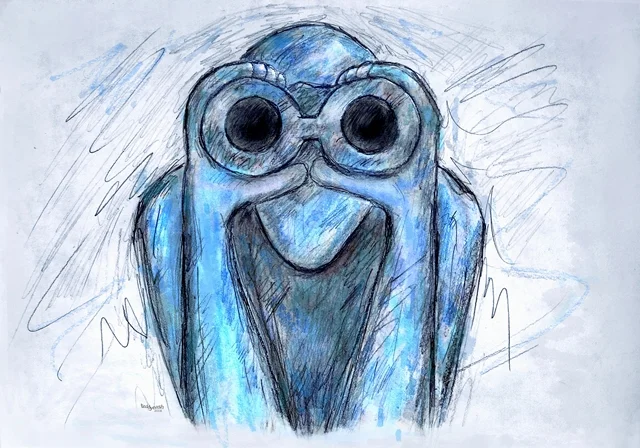 Handgezeichnete Darstellung des bekannten Equinoxe-Wächters von Jean-Michel Jarre. Die Figur wurde mit blauen Farbakzenten und skizzenhaften Linien gestaltet und wirkt wie eine Mischung aus Zeichnung und Aquarell.