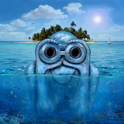 Ein blauer Equinoxe-Wächter ragt aus dem tropischen Meer empor. Im Hintergrund liegt eine kleine Insel mit Palmen, während Segelboote und Sonnenlicht die friedliche Fantasieszene ergänzen.