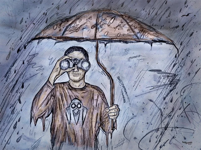 Handgezeichnetes Fan-Art-Bild von teddynash: Eine Person steht im Regen unter einem Regenschirm und blickt durch ein Fernglas, das an die Augen des Equinoxe-Wächters erinnert. Dynamische Linien und Regentropfen verleihen der Zeichnung Bewegung und eine nachdenkliche Stimmung.