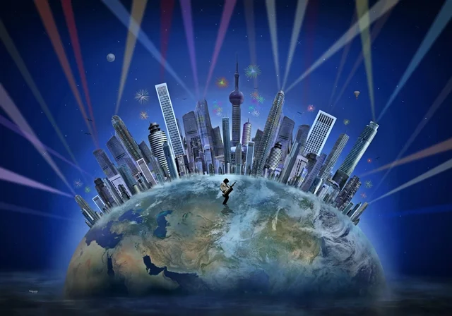 Surreales Fan-Art-Kunstwerk von teddynash: Eine futuristische Großstadt erhebt sich auf einer kleinen Erdkugel. Lichtstrahlen, Feuerwerk und ein Musiker in der Mitte symbolisieren ein globales Konzert und die Verbindung von Musik, Technologie und Menschen.