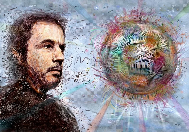Farbenreiches Fan-Art-Kunstwerk von teddynash: Ein Porträt von Jean-Michel Jarre blickt auf einen leuchtenden Planeten aus Klaviertasten, Musiknoten und abstrakten Formen. Die Komposition verbindet Musik, Kreativität und kosmische Fantasie zu einer lebendigen Kunstszene.