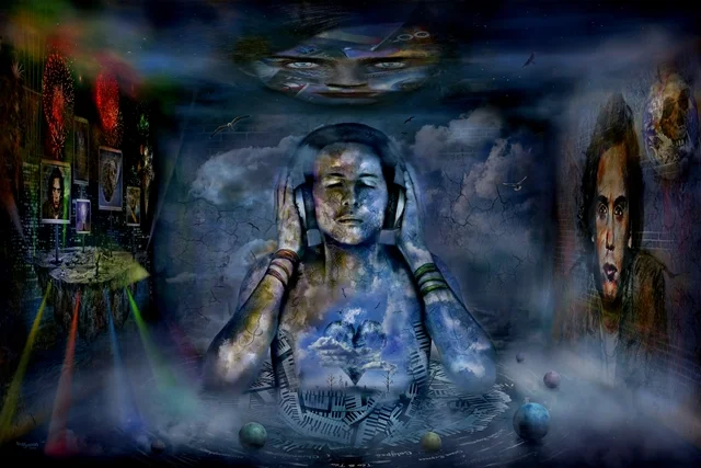 Fantasievolle Fan-Art-Komposition von teddynash: Eine Person mit Kopfhörern steht im Mittelpunkt einer traumartigen Musikwelt. Umgeben von Wolken, Licht, Kunstwerken und Porträts von Jean-Michel Jarre verschmelzen Musik, Erinnerungen und Fantasie zu einer atmosphärischen Szene.