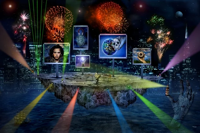 Surreales Konzertmotiv von teddynash: Eine schwebende Insel mit Kunstwerken und Bildschirmen wird von bunten Lichtstrahlen und Feuerwerk umgeben. Die Szene erinnert an ein futuristisches Open-Air-Konzert inmitten einer nächtlichen Stadtlandschaft.
