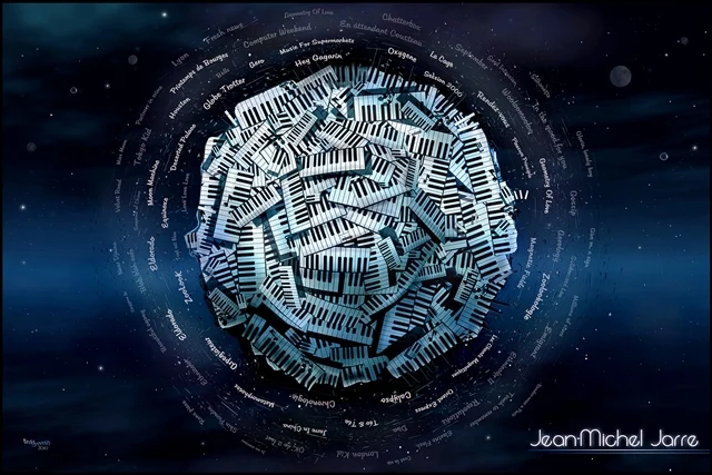 Fan-Art-Kunstwerk von teddynash: Ein kugelförmiger Planet aus zahlreichen Klaviertasten schwebt im Weltraum. Um den Planeten kreisen die Titel vieler Jean-Michel-Jarre-Kompositionen und bilden eine musikalische Hommage an sein Lebenswerk.