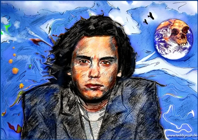 Farbenreiches Fan-Art-Porträt von Jean-Michel Jarre vor einem abstrakten blauen Hintergrund. Im oberen Bildbereich erscheint die Erde mit dem bekannten Oxygène-Schädelmotiv und verbindet den Musiker mit einem seiner berühmtesten Alben.