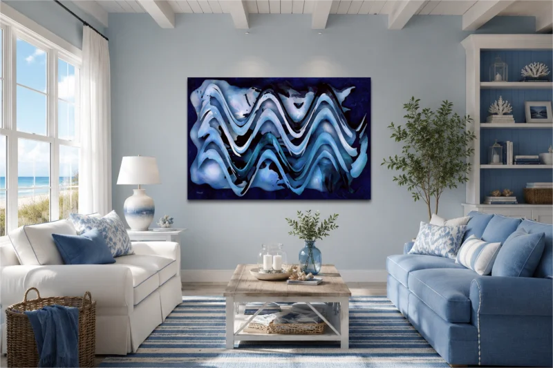 Kunst im Raum: Abstraktes Kunstbild in Blau- und Weißtönen als Blickfang in einem hellen Wohnzimmer mit Küstenflair und Meerblick.