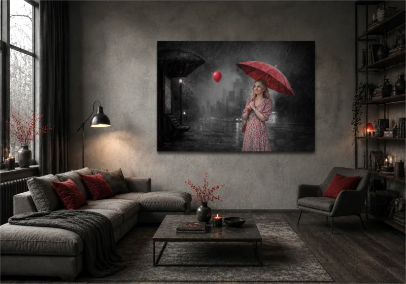 Kunst im Raum: Atmosphärisches Kunstbild einer Frau mit rotem Regenschirm in einer regnerischen Stadtszene. Die roten Akzente des Bildes greifen die Farben des Wohnzimmers harmonisch auf.