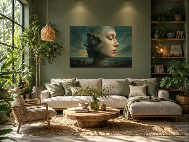 Kunst im Raum: Surreales Porträt mit zwei Gesichtern in einem lichtdurchfluteten Wohnzimmer mit Pflanzen und natürlichen Grüntönen. Kunstwerk und Einrichtung verschmelzen zu einer ruhigen, harmonischen Gesamtkomposition.