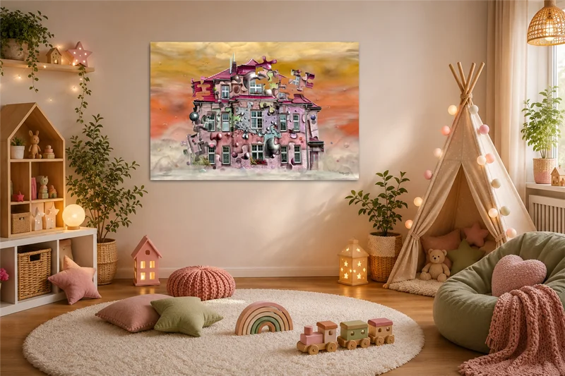 Kunst im Raum: Fantasievolles Hausbild in einem liebevoll eingerichteten Kinderzimmer mit Spielzelt, Pastelltönen und gemütlicher Atmosphäre.