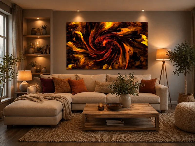 Kunst im Raum: Abstraktes Kunstbild in Gold-, Braun- und Schwarztönen in einem modernen Wohnzimmer mit harmonischen Naturfarben.