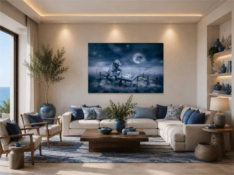 Kunst im Raum: Surreale Schachszene im Mondlicht als großformatiges Kunstbild in einem eleganten Wohnzimmer mit Blau- und Naturtönen.