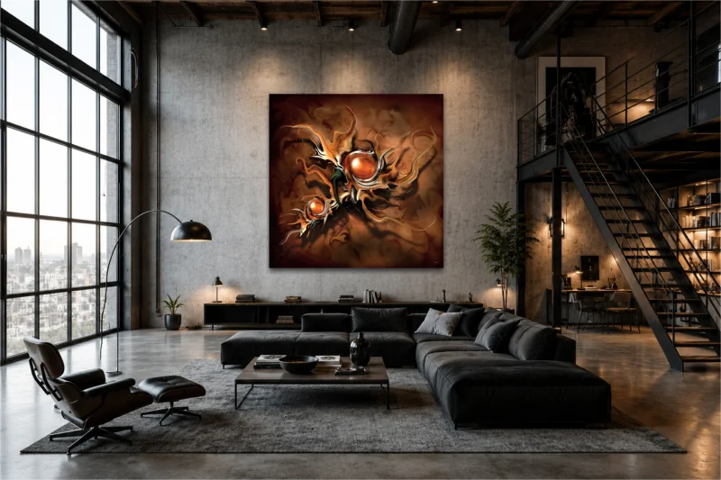Modernes Kunstbild mit organischen Formen und leuchtenden Kupfertönen in einem stilvollen Loft mit urbanem Ambiente.