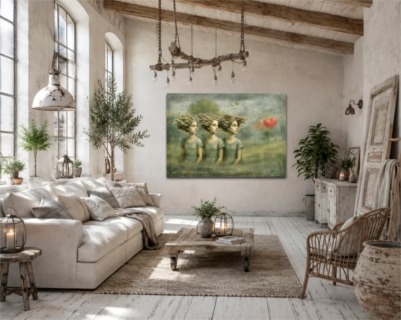 Zwischen Traum und Erinnerung – ein surrealistisches Kunstbild mit drei Frauenfiguren in einem harmonischen Wohnraum mit sanften Naturtönen.