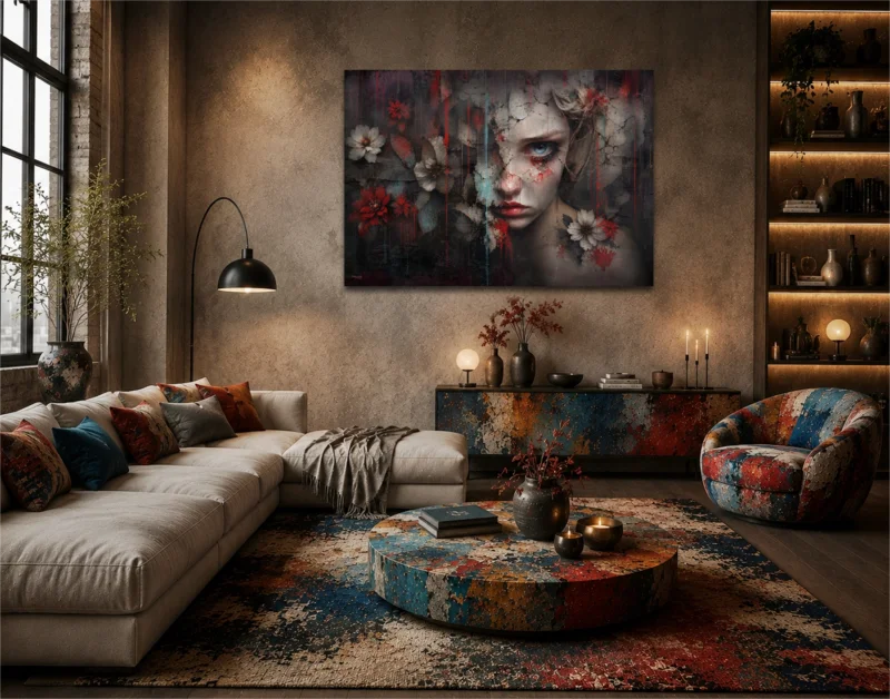 Kunst im Raum: Ausdrucksstarkes Porträt mit floralen Elementen in einem modernen Wohnzimmer mit warmen Erdtönen und farbigen Akzenten