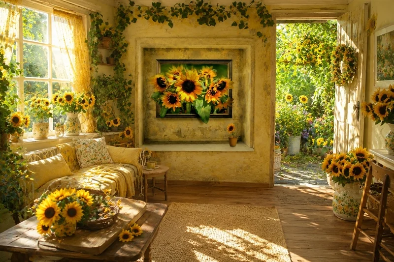 Ein Sonnenblumen-Kunstbild als Blickfang in einem hellen, liebevoll dekorierten Zimmer. Warme Sonnenstrahlen, Blumen und Gartenatmosphäre schaffen eine freundliche Sommerstimmung.