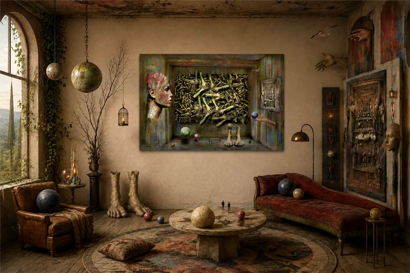 Kunst im Raum: Surrealistisches Kunstbild mit schwebenden Formen, Figuren und geheimnisvollen Räumen in einem außergewöhnlichen Wohnzimmer voller fantasievoller Details.