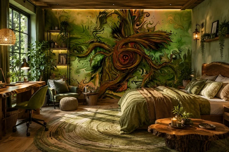 Surrealistisches Kunstbild in Grüntönen als Mittelpunkt eines gemütlichen Schlafzimmers voller Pflanzen, Holz und Naturmaterialien.