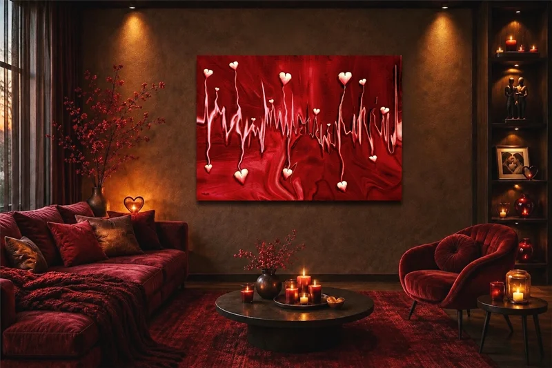 Ein Raum voller Wärme und Emotionen: Das leuchtend rote Kunstwerk greift die Farben der Einrichtung auf und prägt die Atmosphäre des gesamten Wohnzimmers.