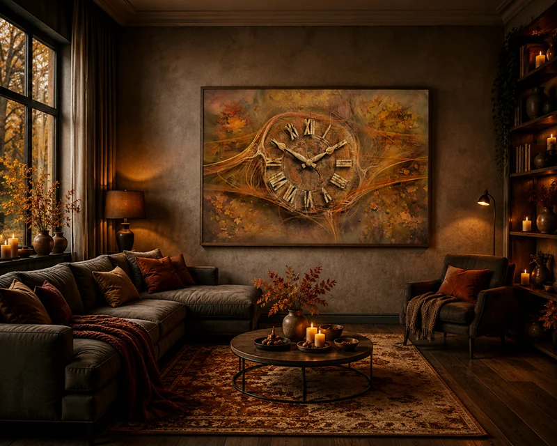 Kunst im Raum: Surrealistisches Kunstbild mit einer schwebenden Uhr in warmen Herbstfarben. Das Werk fügt sich harmonisch in einen gemütlichen Wohnraum mit stimmungsvoller Beleuchtung ein.