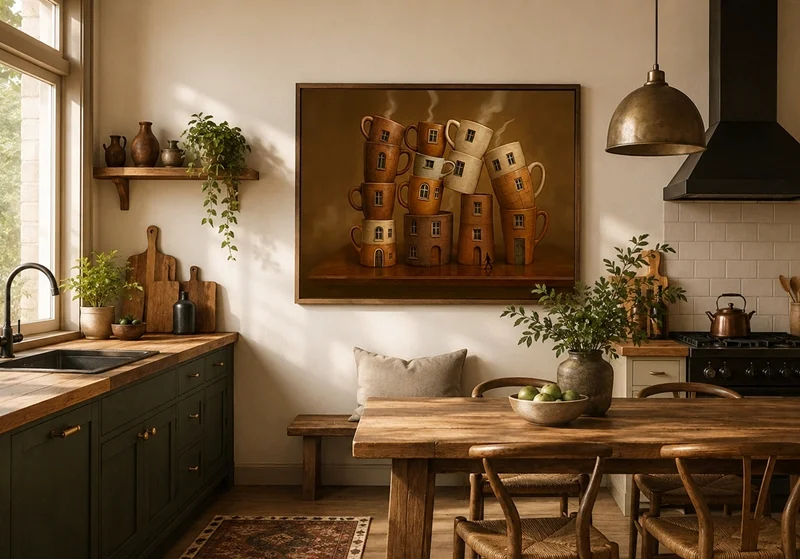 Digitales Kunstbild mit gestapelten Kaffeetassen und kleinen Häusern. Die warmen Farben des Werkes passen perfekt zur gemütlichen Landhausatmosphäre.