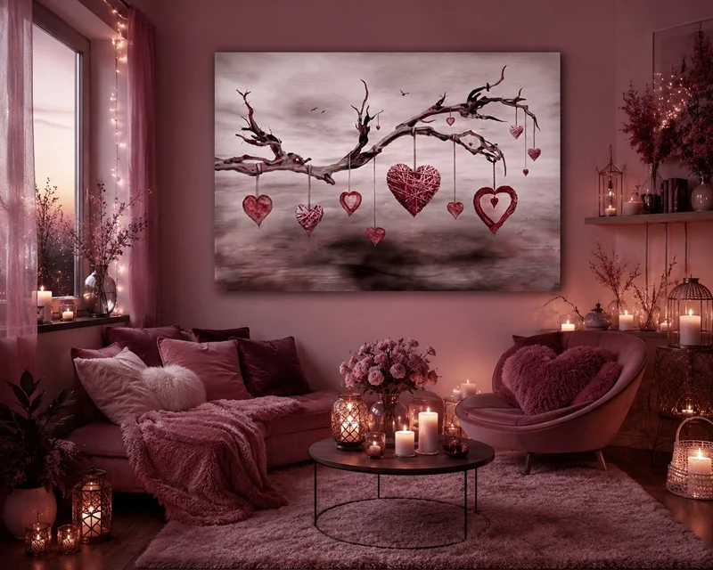 Kunst im Raum: Romantisches Kunstbild mit schwebenden Herzen an einem Baumzweig. Die sanften Rosa- und Rottöne des Werkes spiegeln sich harmonisch in der Einrichtung wider und schaffen eine warme, gemütliche Atmosphäre.
