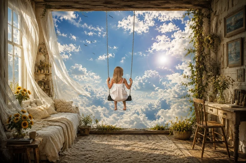 Ein surreales Kunstbild mit einer Schaukel über den Wolken prägt die Atmosphäre eines hellen Wohnraums. Natürliche Materialien, Blumen und sanftes Licht unterstreichen die traumhafte Wirkung des Kunstwerks.
