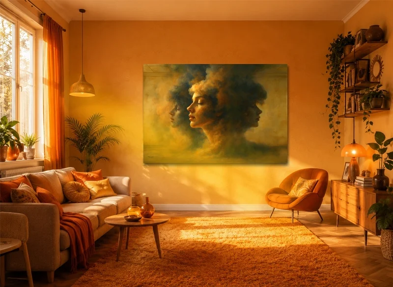 Kunst im Raum: Surrealistisches Porträt mit mehreren Gesichtern und warmen Gold- und Orangetönen in einem lichtdurchfluteten Wohnzimmer voller Abendsonnenstimmung.