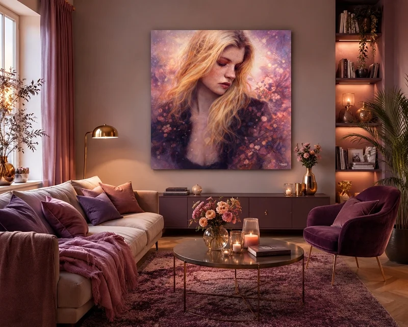 Kunst im Raum: Großformatiges Porträt einer blonden Frau in einem eleganten Wohnzimmer mit warmem Licht, Blumen und harmonischen Rosa- und Violetttönen.