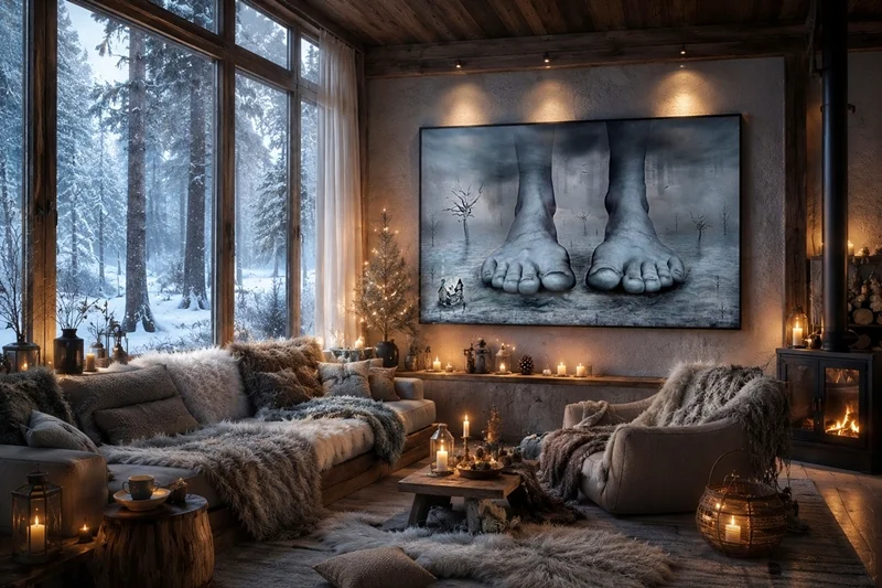 Ein surreales Kunstbild als Blickfang in einem rustikalen Wohnzimmer mit Kaminofen, Kerzen und Blick auf eine verschneite Winterlandschaft.