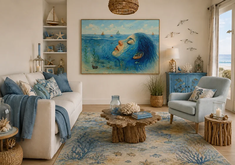 Kunst im Raum: Surrealistisches Kunstbild einer Frau, die mit dem Meer verschmilzt, in einem hellen Wohnzimmer mit maritimen Farben und Küstenflair.