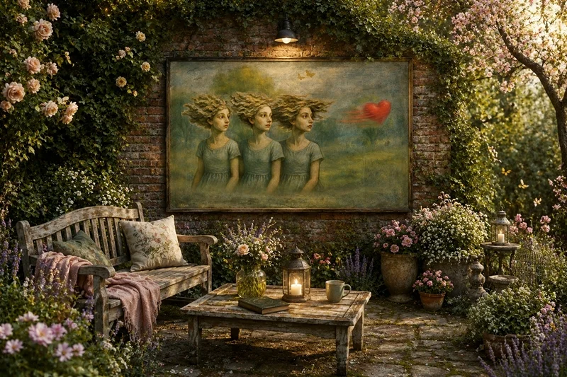 Kunst im Raum: Surrealistisches Kunstbild mit drei Frauenfiguren und einem schwebenden Herz in einem blühenden Rosengarten voller Romantik und natürlicher Schönheit.