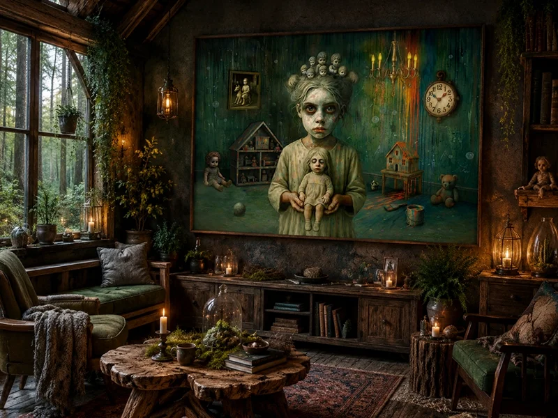 Kunst im Raum: Surrealistisches Kunstbild eines Mädchens mit einer Puppe in einer geheimnisvollen Waldszene. Kerzenlicht, Naturmaterialien und dunkle Grüntöne unterstreichen die märchenhafte Atmosphäre des Raumes.