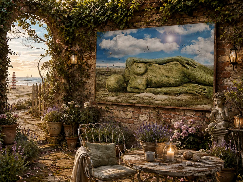 Kunst im Raum: Surrealistisches Kunstbild einer liegenden Frauenfigur in einer Küstenlandschaft. Das Werk wird in einem romantischen Garten mit Blick auf das Meer stimmungsvoll präsentiert.