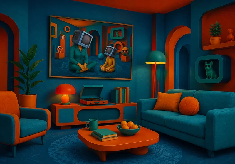 Kunst im Raum: Surrealistisches Kunstbild mit TV-Köpfen in einem farbenfrohen Wohnzimmer voller geometrischer Formen, Retro-Elemente und futuristischer Fantasie.