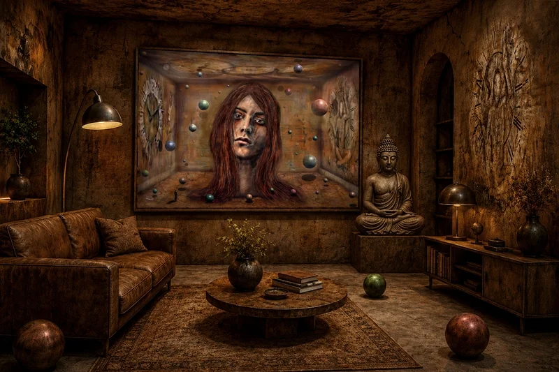 Kunst im Raum: Surrealistisches Porträt einer geheimnisvollen Frauenfigur in einem rätselhaften Raum voller schwebender Kugeln. Die warmen Erdtöne des Kunstwerks spiegeln sich in der Einrichtung wider und schaffen eine ruhige, meditative Atmosphäre.