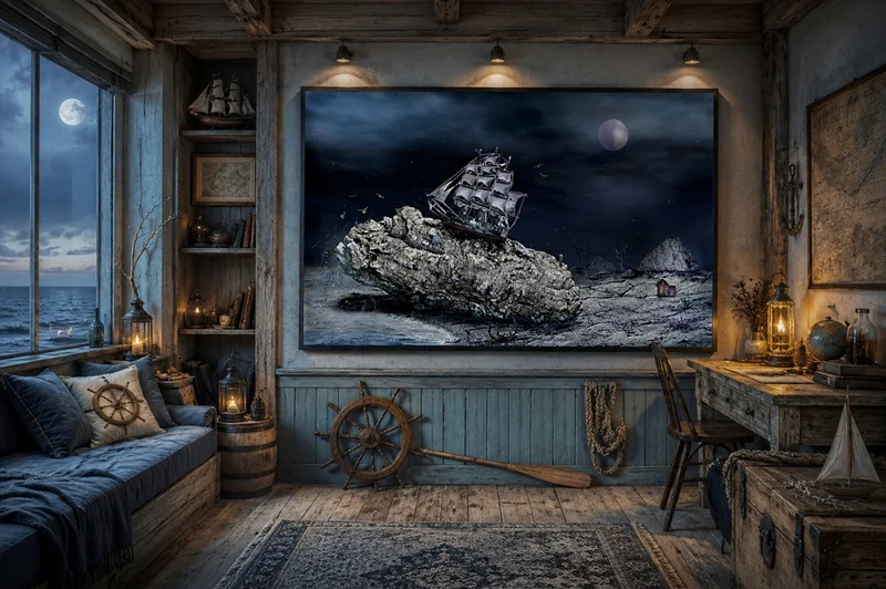 Ein surreales Segelschiff-Kunstbild prägt die Stimmung eines maritimen Wohnraums. Maritime Dekorationen, warmes Licht und der Blick auf das Meer schaffen eine stimmige Gesamtwirkung.