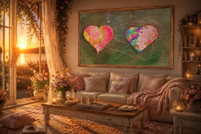 Das Herz-Kunstbild fügt sich harmonisch in ein romantisches Wohnzimmer voller Blumen und warmer Farben ein. Durch das Fenster fällt das Licht eines stimmungsvollen Sonnenuntergangs.