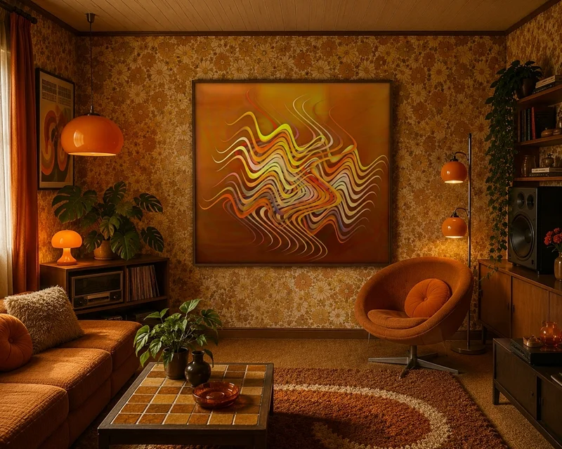 Ein abstraktes Kunstbild mit geschwungenen Linien prägt die Atmosphäre eines stilvollen Retro-Wohnzimmers. Warme Farben, Vintage-Möbel und stimmungsvolle Beleuchtung bilden eine harmonische Einheit.