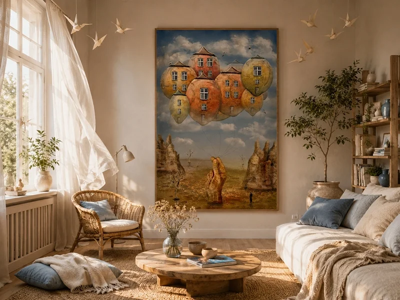 Ein surreales Kunstbild mit schwebenden Häusern prägt die Atmosphäre eines hellen Wohnraums. Natürliche Materialien, sanfte Farben und viel Tageslicht unterstreichen die fantasievolle Wirkung des Kunstwerks.