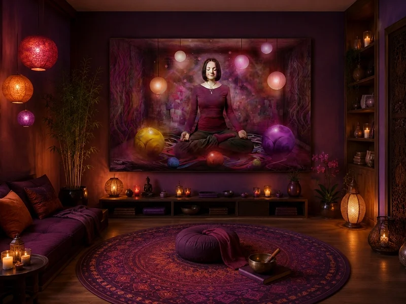 Ein meditatives Kunstbild bildet den Mittelpunkt eines atmosphärischen Raumes. Warme Lichtquellen, Kerzen und harmonische Farben unterstreichen die ruhige Wirkung des Kunstwerks.