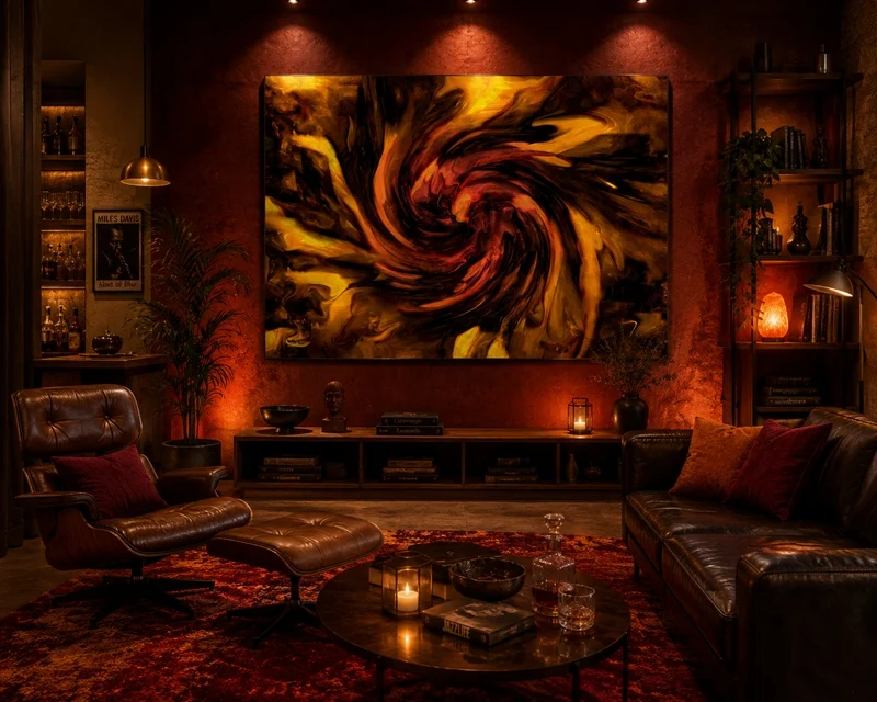 Großes abstraktes Kunstbild in warmen Rot-, Orange- und Goldtönen über einer gemütlichen Ledersitzgruppe. Indirekte Beleuchtung sorgt für eine elegante Lounge-Atmosphäre.