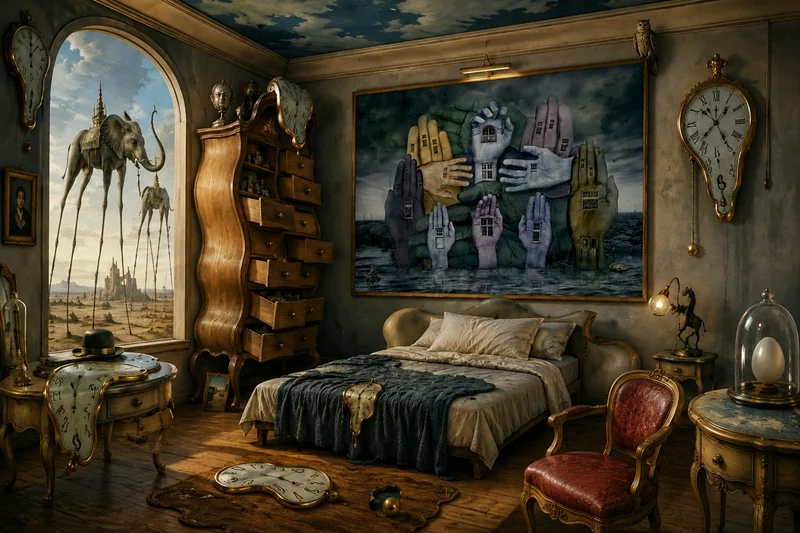 Ein surrealer Traumraum voller Zeit, Fantasie und Rätsel. Schmelzende Uhren, ein Elefant auf langen Beinen und ein geheimnisvolles Kunstwerk über dem Bett verwandeln das Schlafzimmer in eine märchenhafte Welt zwischen Erinnerung und Traum.