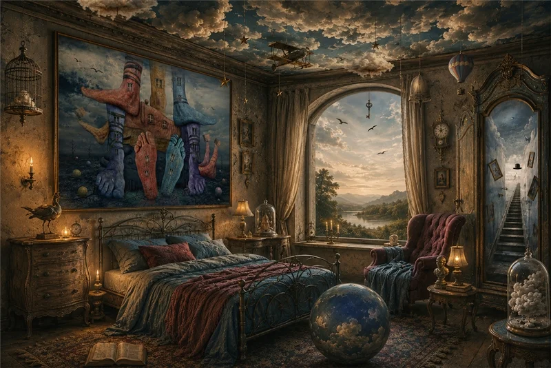 Ein Schlafzimmer wie aus einem Traum. Über dem Bett wacht ein surreales Kunstwerk aus Häusern und Händen, während Wolken über die Zimmerdecke ziehen. Zwischen schwebenden Objekten, geheimnisvollen Spiegeln und weitem Landschaftsblick entsteht eine Welt voller Fantasie und stiller Geschichten.
